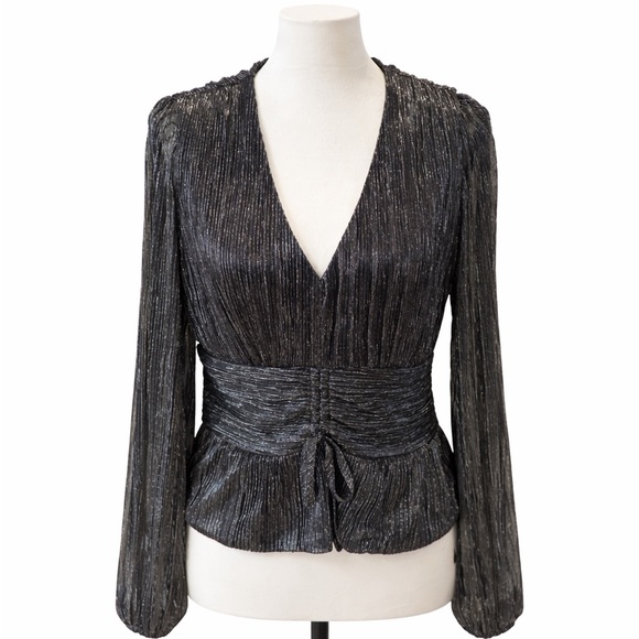 sofia jeans Tops - V- NECK- CINCHING AT WAIST- Black & SILVER Metallic Long Sleeve Blouse. XL